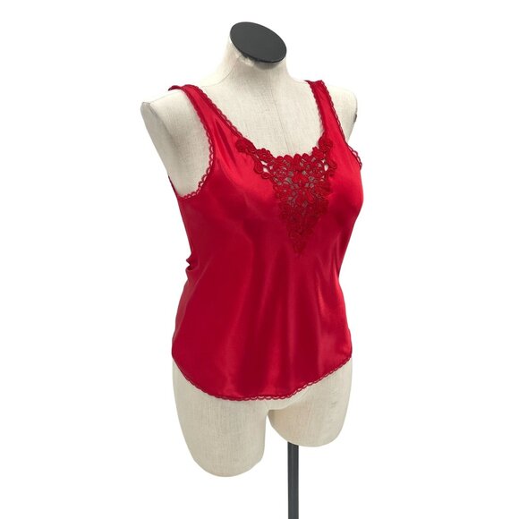 Vintage 80s 90s Crimson Red Lace Detail Cami Slip Top Large Camisole Top - Picture 8 of 8